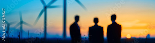 Businessmen and wind turbines that together represent the concept of using green energy in companies, created with generative AI technology