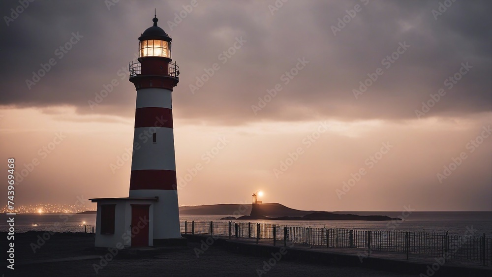 lighthouse at sunset  lighthouse at night by the sea,   lighthouse is haunted by a ghost that flickers the light  