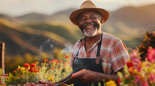 A joyful senior man chuckling while indulging in a delicious outdoor barbecue feast with family and friends