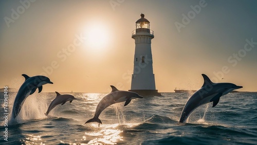 lighthouse at sunset _ the lighthouse is surrounded by a group of dolphins that are jumping and playing in the water.  