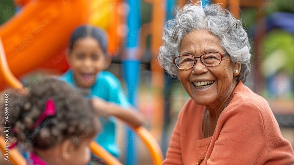A senior woman chuckling while spending time with her grandchildren at the playground