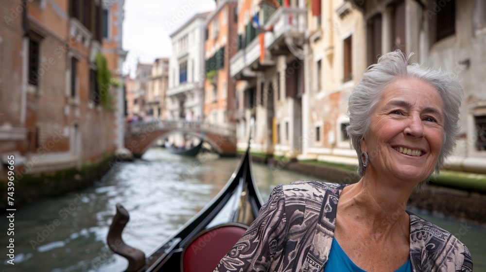 Woman chuckling while enjoying a scenic gondola ride through the picturesque canals of a charming Venetian cityscape