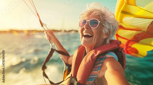 A happy senior woman chuckling while enjoying a thrilling parasailing adventure high above the shimmering waters of the ocean  photo