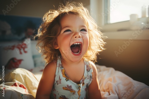 Happy baby girl portrait on bed, smiling toddler naptime, joyful infant relaxing in bedroom photo