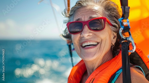 Happy senior woman chuckling while enjoying a thrilling parasailing adventure high above the shimmering waters of the ocean 