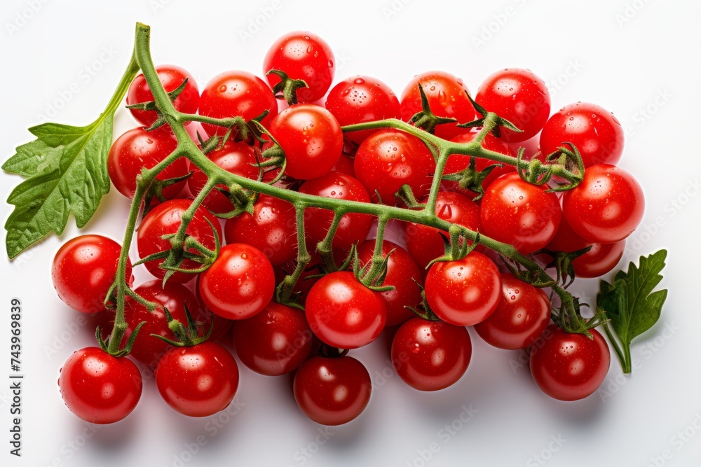 Fresh cherry tomatoes branch, top view, organic red tomatoes, healthy food concept Fresh cherry tomatoes branch, top view, organic red tomatoes, healthy food concept