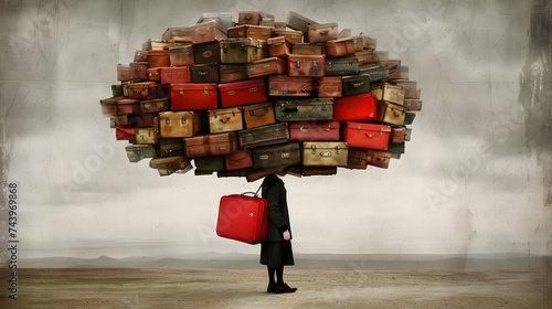 A conceptual image of a person carrying a suitcase, overshadowed by a heavy cloud of various suitcases, symbolizing burden.
