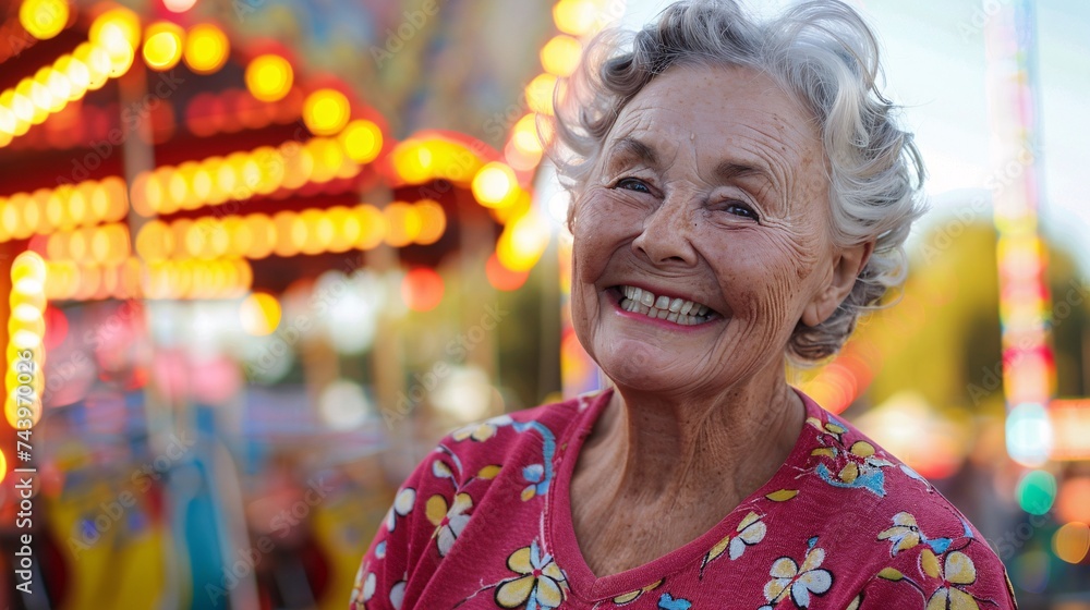 Senior woman smiling at the amusement park Senior woman smiling at the amusement park
