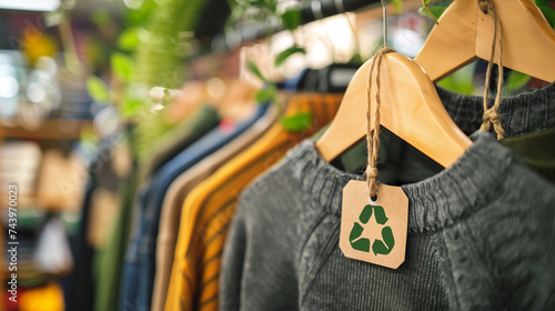 Recycle logo displayed on a sustainable fabric tag among a selection of environmentally conscious apparel. photo