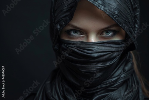 ninja with this powerful image of a Japanese woman in a black ninja hood, radiating strength and skill in the art of combat and stealth. Generative AI.