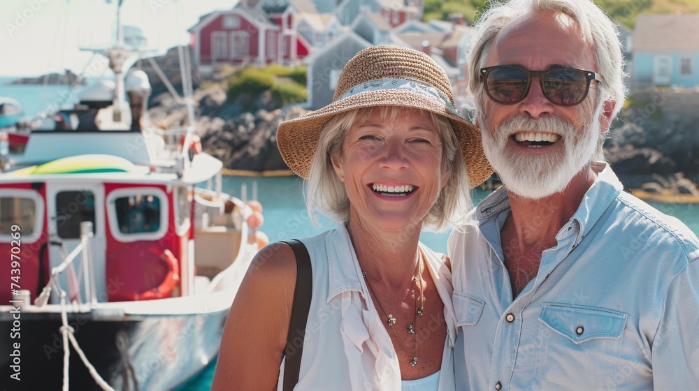 A cheerful senior couple smiling happily as they explore a charming coastal village