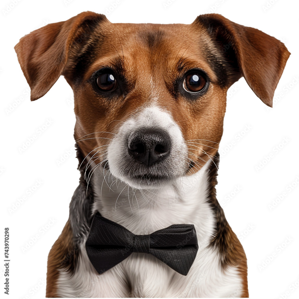 A dog wearing a bow tie facing camera on a transparent background. PNG format, This PNG file, with an isolated cutout object on a transparent background.