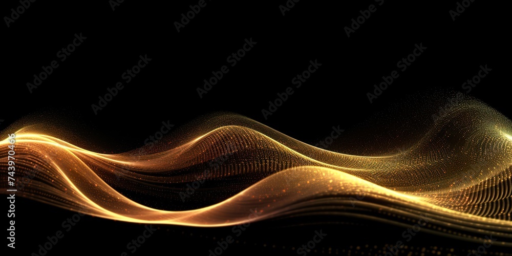 minimalistic design Abstract Gold Waves. Shiny golden moving lines design element with glitter effect on dark background for greeting card  - obrazy, fototapety, plakaty 