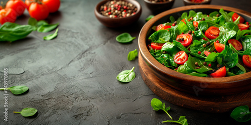 Spring green salad with vegetarian ingredients and kitchenware on wooden board, from a top perspective, with space to duplicate