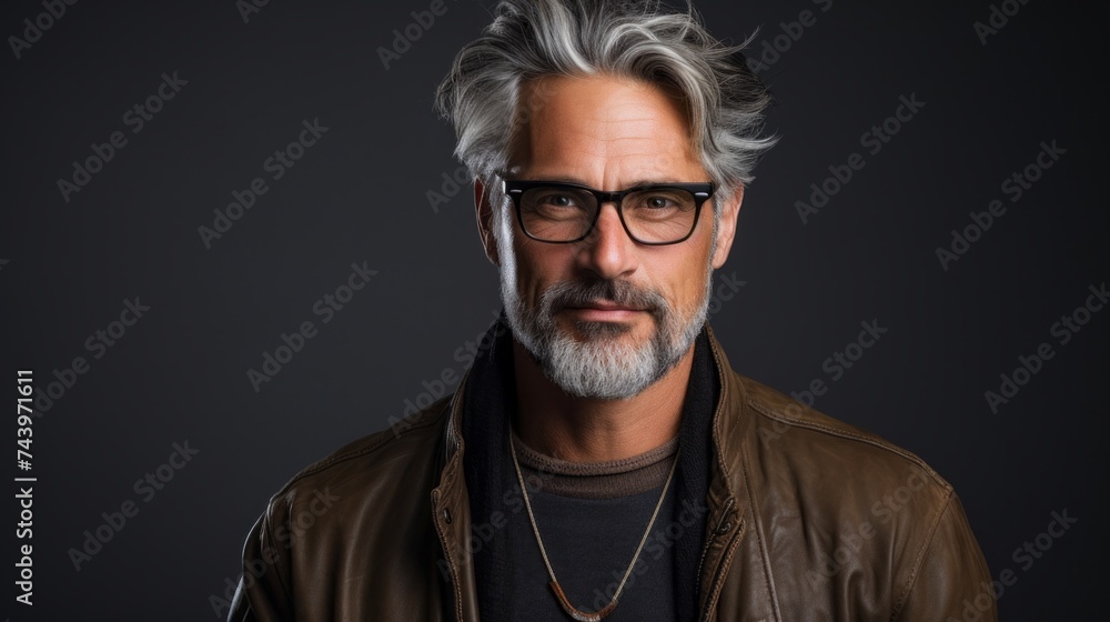 Portrait of a charming confident stylish man, a middle-aged businessman wearing fashionable glasses and looking at the camera on a black background. Portrait of a charming confident stylish man, a middle-aged businessman wearing fashionable glasses and looking at the camera on a black background.