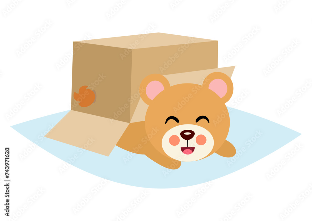 Fototapeta premium Cute teddy bear under cardboard box
