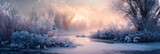 Frozen flora bathed in the ethereal glow of dawn, casting a serene spell over the wintry landscape