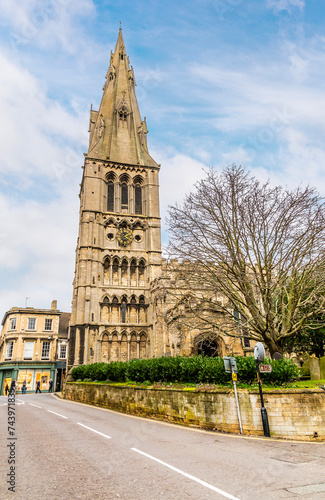 A view up Saint Marys Hill towards Saint Marys church in the town of Stamford, Lincolnshire, UK in winter