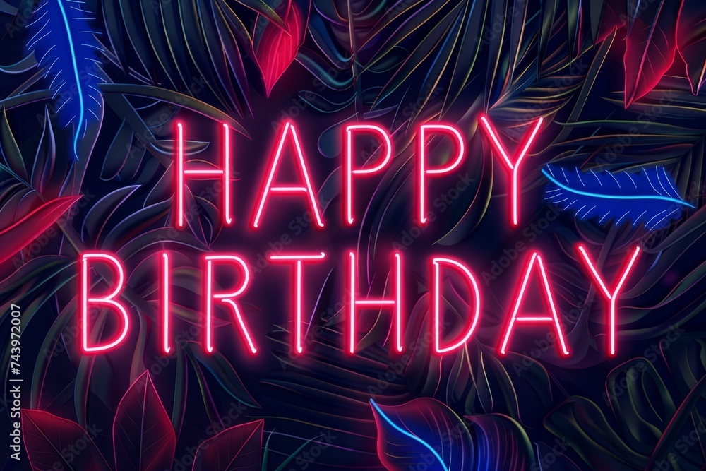 neon HAPPY BIRTHDAY banners illustration in the style of graphic contours with floral background Generative AI neon HAPPY BIRTHDAY banners illustration in the style of graphic contours with floral background Generative AI