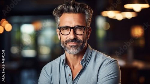Portrait of a charming sexy stylish middle-aged man wearing fashionable glasses and looking at the camera at home or in a cafe.