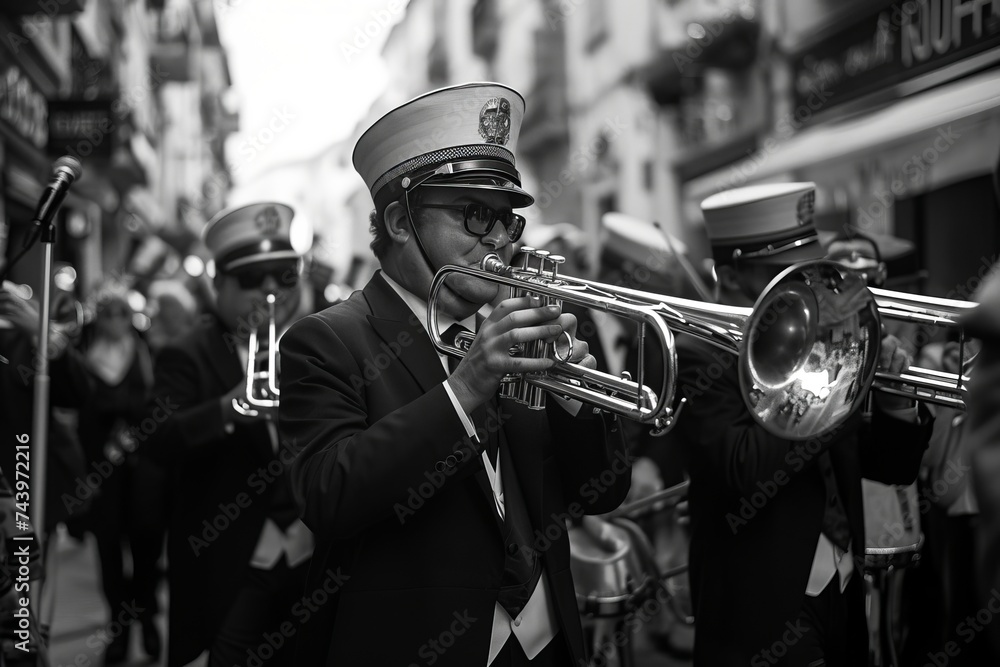 Fototapeta premium A man dressed in a formal suit playing a trumpet with skill and passion, showcasing his musical talent in a lively performance