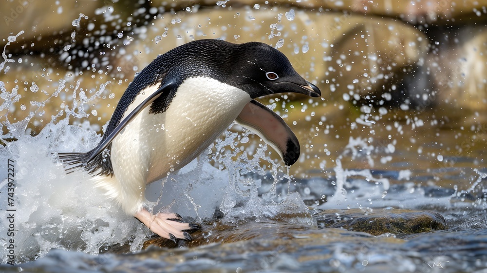 Fototapeta premium Adélie Penguin in Its Natural Habitat: Playful Avian Charm Amidst Antarctic Ice