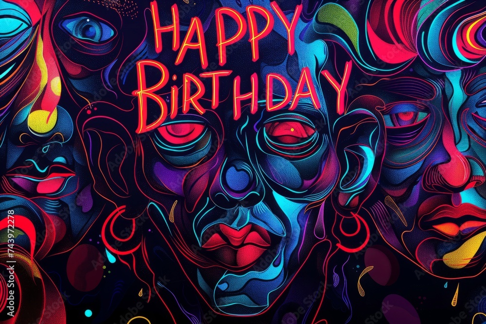 HAPPY BIRTHDAY neon lights carnivalcore background Generative AI HAPPY BIRTHDAY neon lights carnivalcore background Generative AI