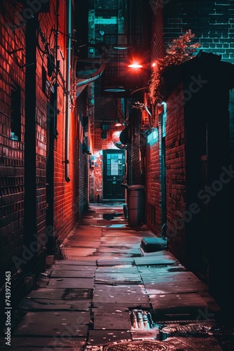 A dark alleyway with menacing brick walls illuminated by a striking red light. The eerie atmosphere suggests mystery and danger lurking in the shadows