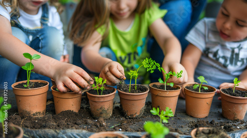 A teacher and children planting seeds in small pots, learning about nature and growth, with soil and green plants around, children, blurred background, with copy space photo