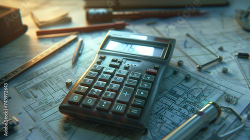 A close up of a scientific calculator on a desk surrounded by scattered geometry tools like compasses protractors and rulers The focus