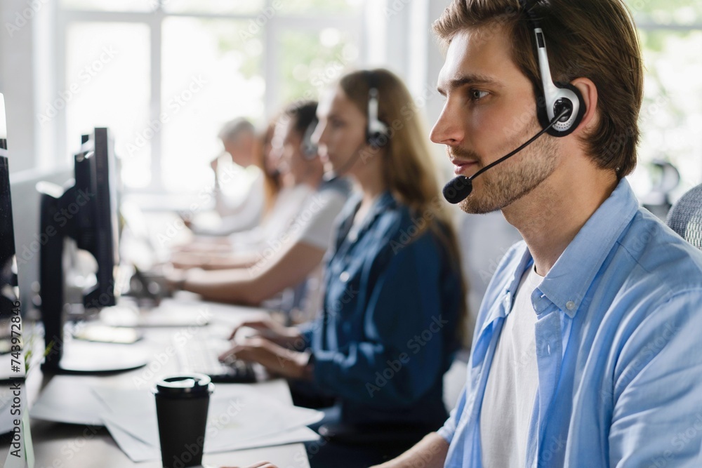 Beautiful business people in headsets are using computers and smiling while working in office Beautiful business people in headsets are using computers and smiling while working in office