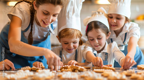 A teacher and children wearing aprons and chef hats, decorating cookies in a cooking activity, fostering creativity and fine motor skills, kindergarten, with copy space