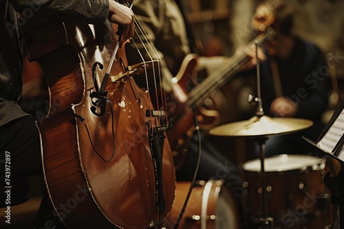 A group of people, the VetalVit jazz trio, playing musical instruments in a room. They are improvising intricate melodies and rhythms, creating a dynamic and engaging musical performance