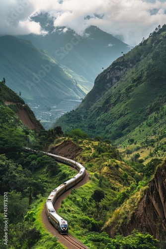 A passenger train winding through a mountainous landscape
