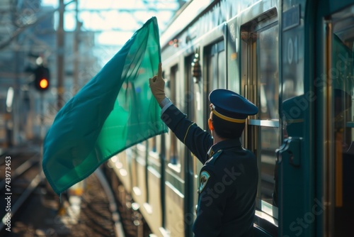 A train conductor stands beside a train, waving a green flag to signal departure. The conductor is in uniform and appears to be preparing the train for its journey