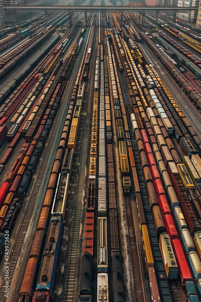 The train yard is bustling with activity as numerous locomotives and freight cars are lined up on the tracks. Workers appear to be moving around, organizing the trains for departure or maintenance The train yard is bustling with activity as numerous locomotives and freight cars are lined up on the tracks. Workers appear to be moving around, organizing the trains for departure or maintenance