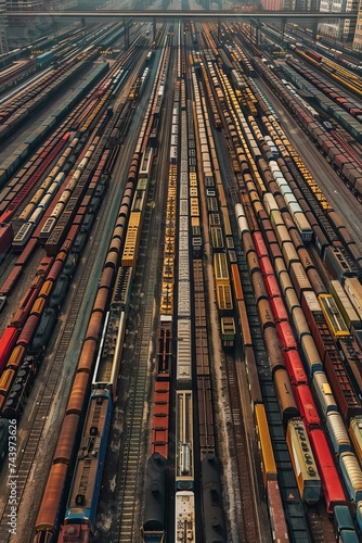 The train yard is bustling with activity as numerous locomotives and freight cars are lined up on the tracks. Workers appear to be moving around, organizing the trains for departure or maintenance