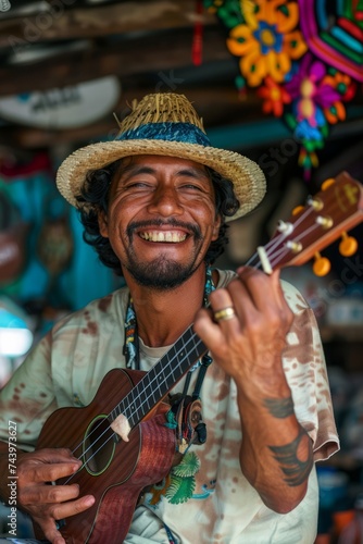 A man wearing a straw hat is sitting and playing a guitar. He is strumming cheerful melodies on the instrument