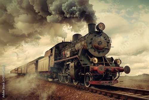 A vintage steam engine train is traveling down the train tracks, emitting smoke as it chugs along. The steam engines wheels are turning, and the surrounding scenery rushes by