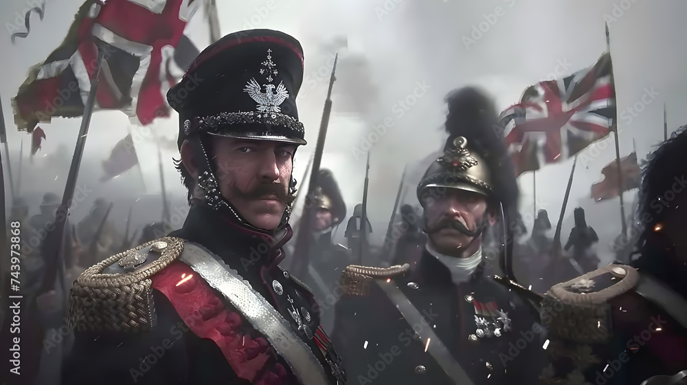 Naklejka premium Two military officers in traditional uniforms stand proudly among soldiers with British flags in a foggy setting.