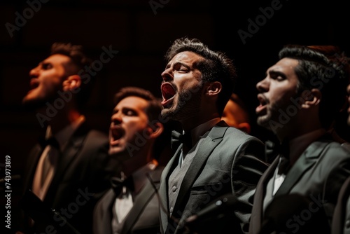 A group of men are gathered together, singing into a microphone with passion and precision. Their voices harmonize beautifully as they perform intricate vocal arrangements