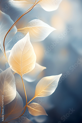 Delicate white leaves in soft focus with dreamy blue background