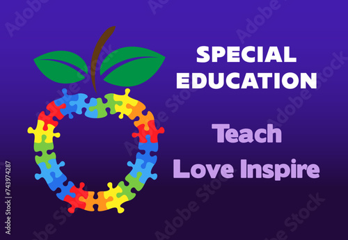Special Education. Colorful puzzle apple concept vector in purple background.	
