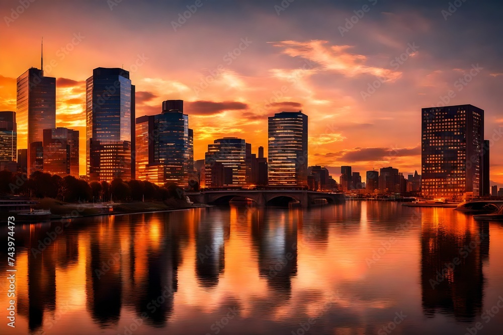 A vibrant sunset over a city skyline with silhouetted buildings and glowing lights reflecting on a calm river.