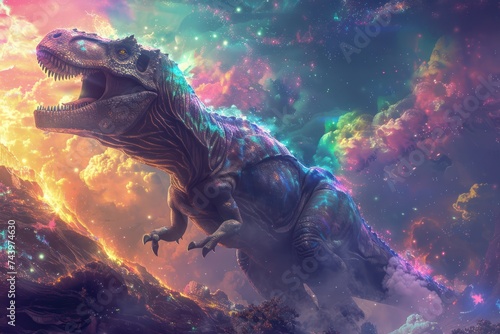 Dystopian future Prehistoric creatures Rainbow galaxy Cosmic energy VR AI technology