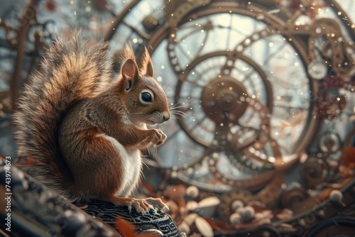 Explore the theme of time travel through the perspective of a curious squirrel traversing different epochs and dimensions photo