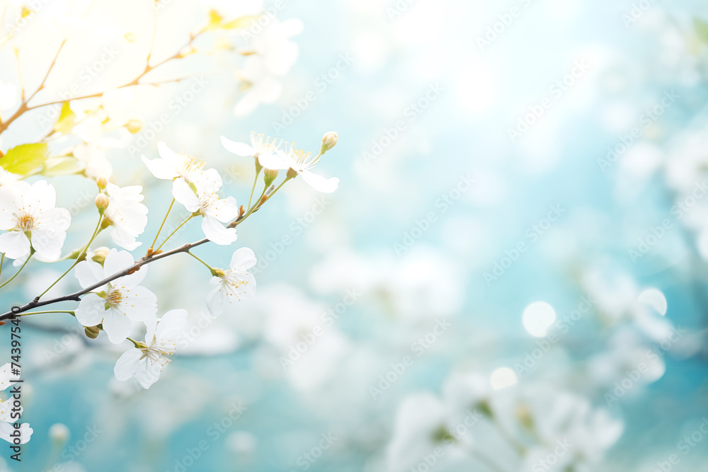 White cherry blossoms on bright blue background White cherry blossoms on bright blue background