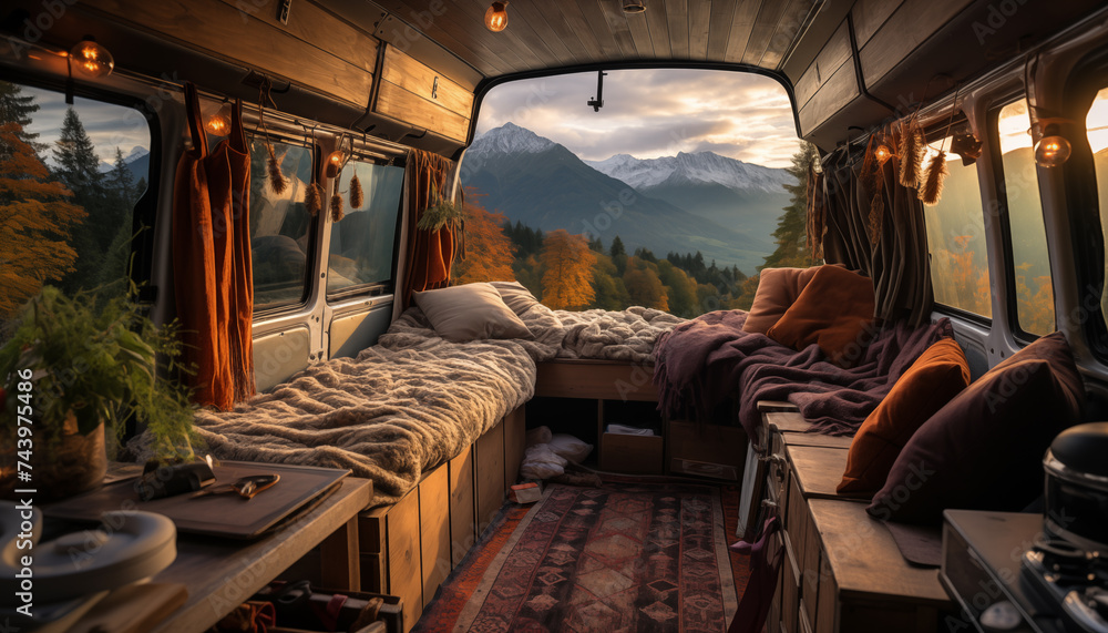 View from the camper van onto beautiful nature. Concept: Living in Harmony with Nature - obrazy, fototapety, plakaty 