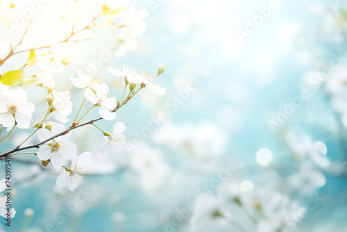 White cherry blossoms on bright blue background