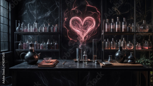 A mystical and romantic picture of an alchemical laboratory filled with a variety of vials and bottles. A heart-shaped neon light is visible in the center of the image